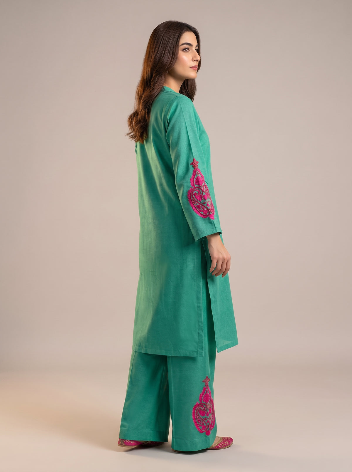 2pc Unstitch Winter C Green Dress Pink or Red Embroidery