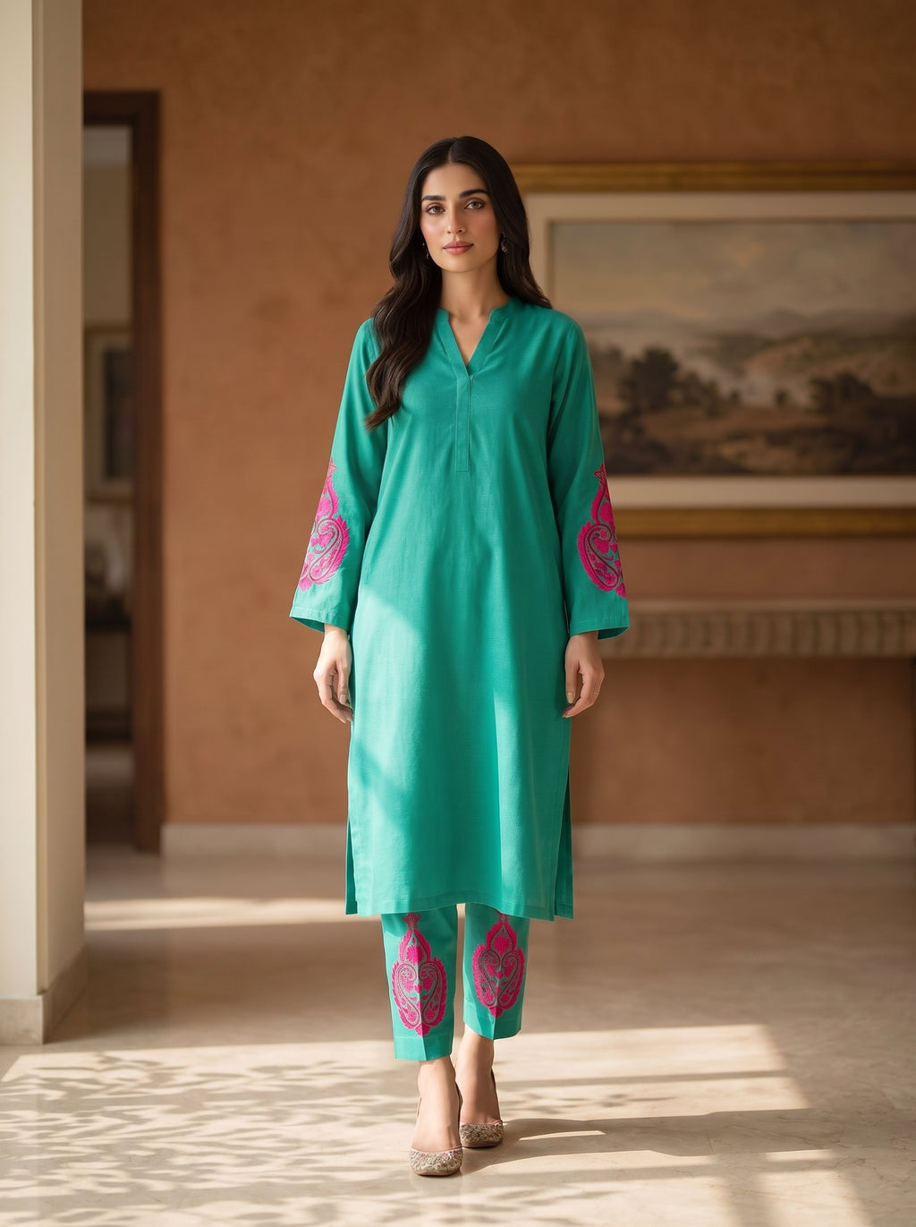 2pc Unstitch Winter C Green Dress Pink or Red Embroidery