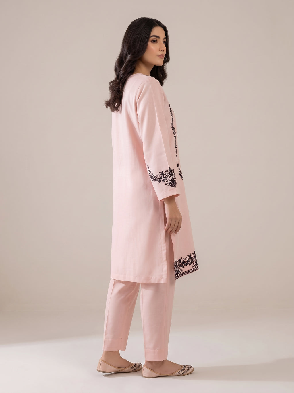 2pc Pink Winter Dress Black Embroidery