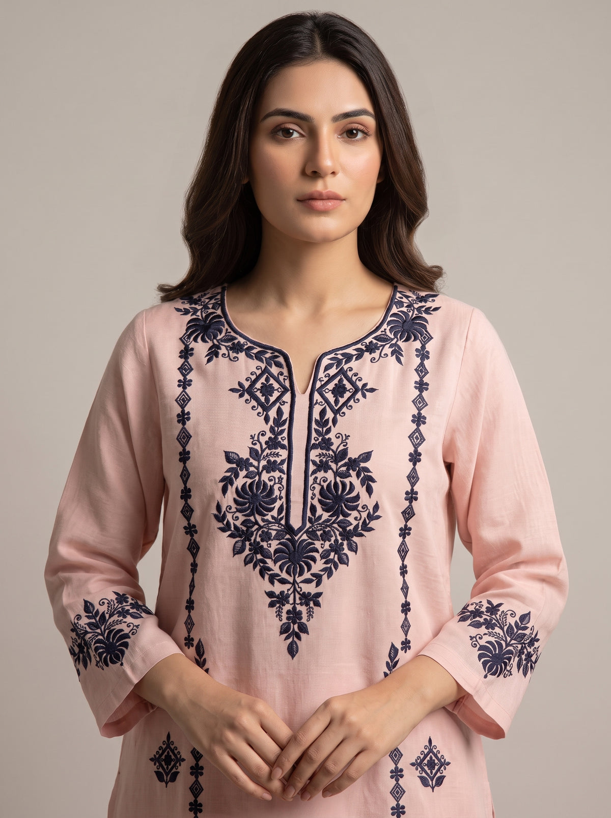 2pc Pink Winter Dress Black Embroidery