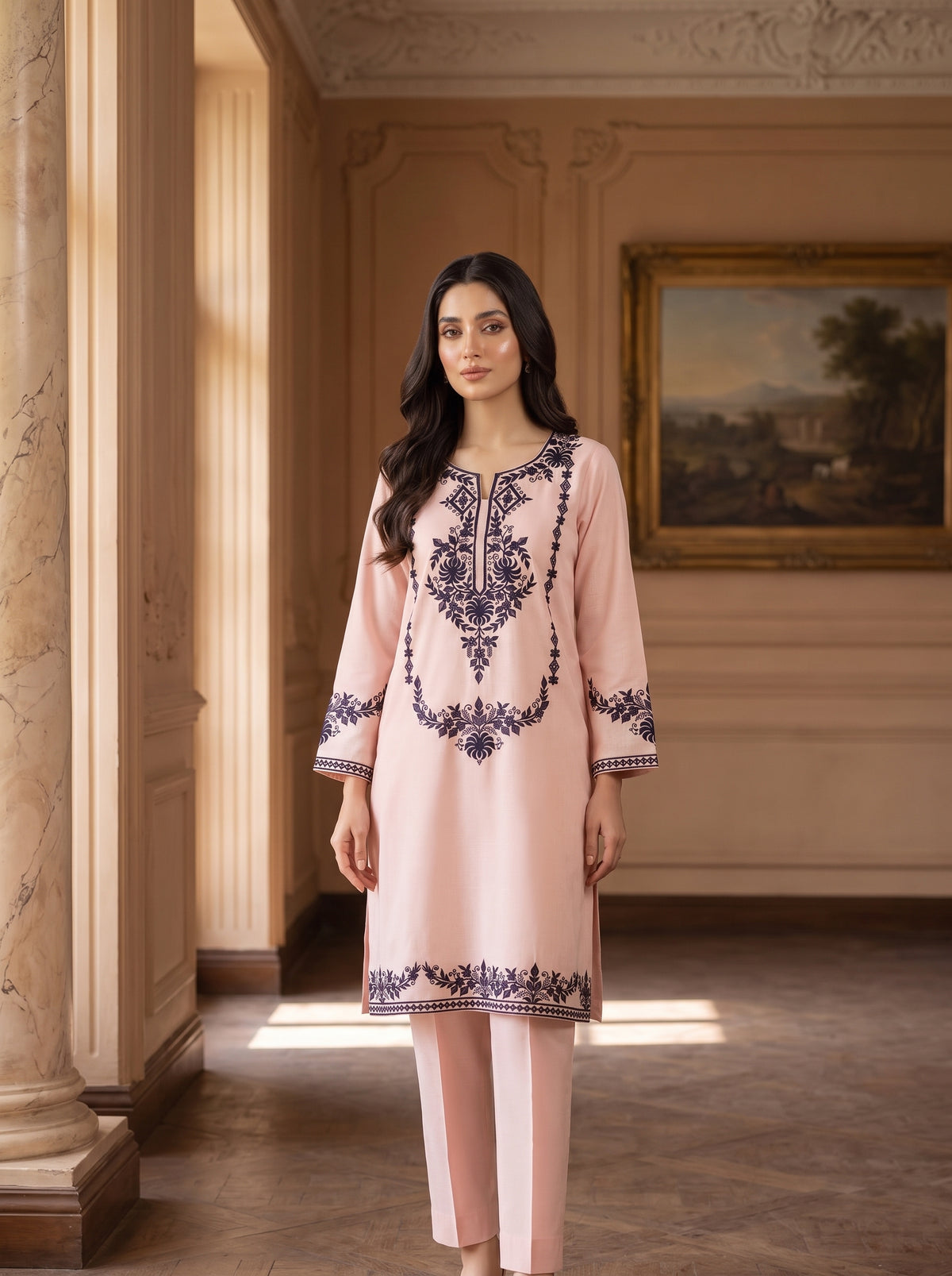 2pc Pink Winter Dress Black Embroidery
