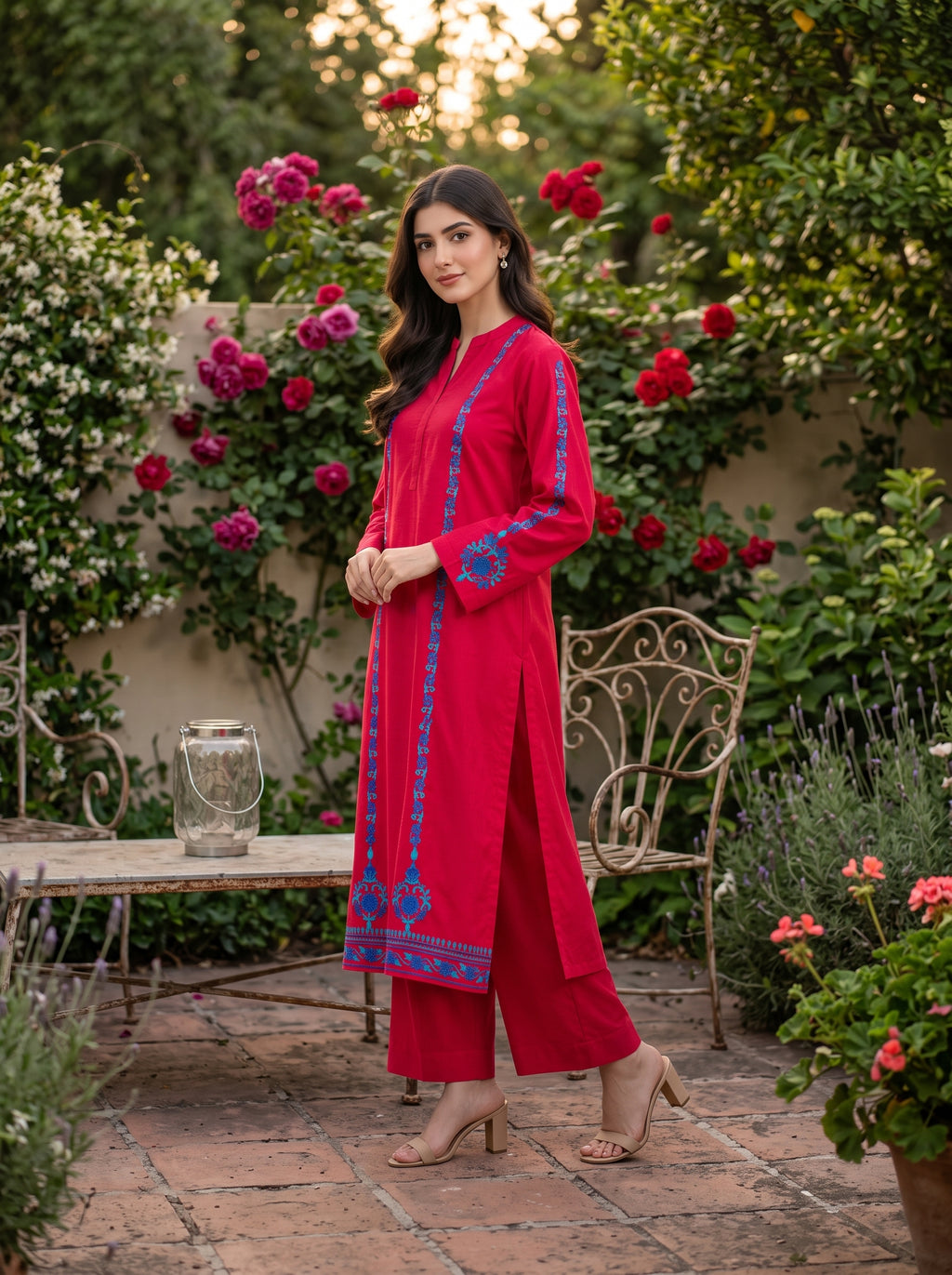 2pc Unstitch Embroidery Dress Red Colour and C Green Embroidery