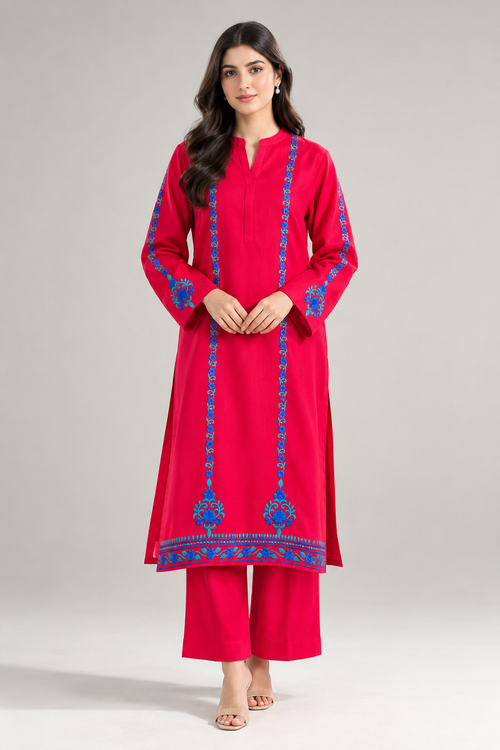 2pc Unstitch Embroidery Dress Red Colour and C Green Embroidery