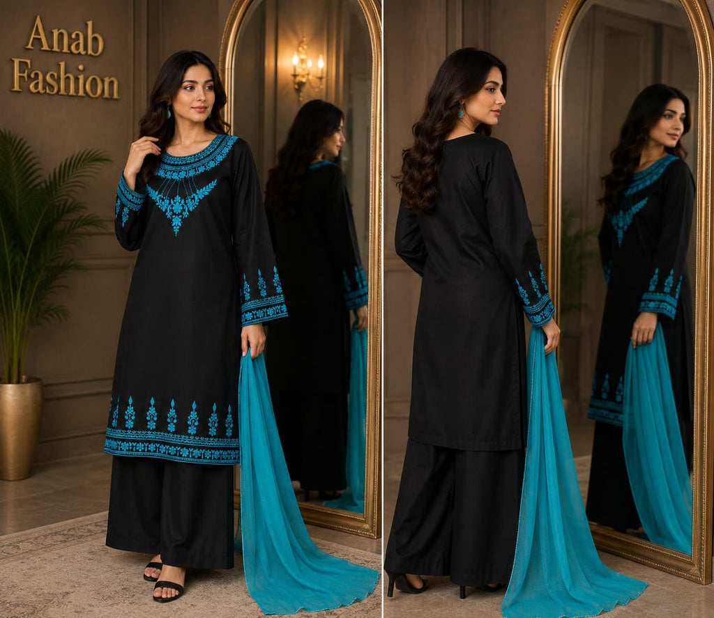 Noir Elegance – 2 Piece Embroidered Unstitched Winter Dhanak Suit