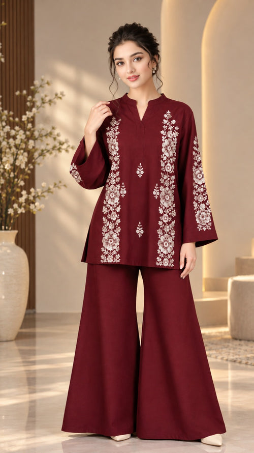 2pc Unstitch Dark Mahron Winter Dress Shirt Embroidery Bazo Embroidery Plain Trousr