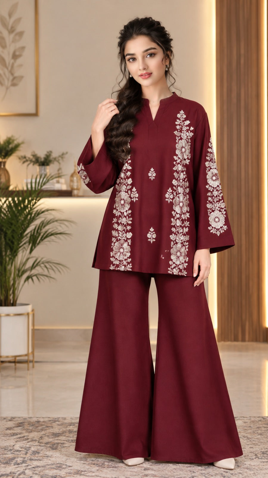 2pc Unstitch Dark Mahron Winter Dress Shirt Embroidery Bazo Embroidery Plain Trousr