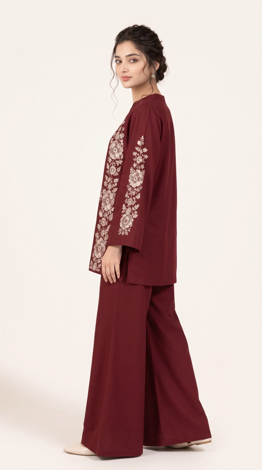 2pc Unstitch Dark Mahron Winter Dress Shirt Embroidery Bazo Embroidery Plain Trousr