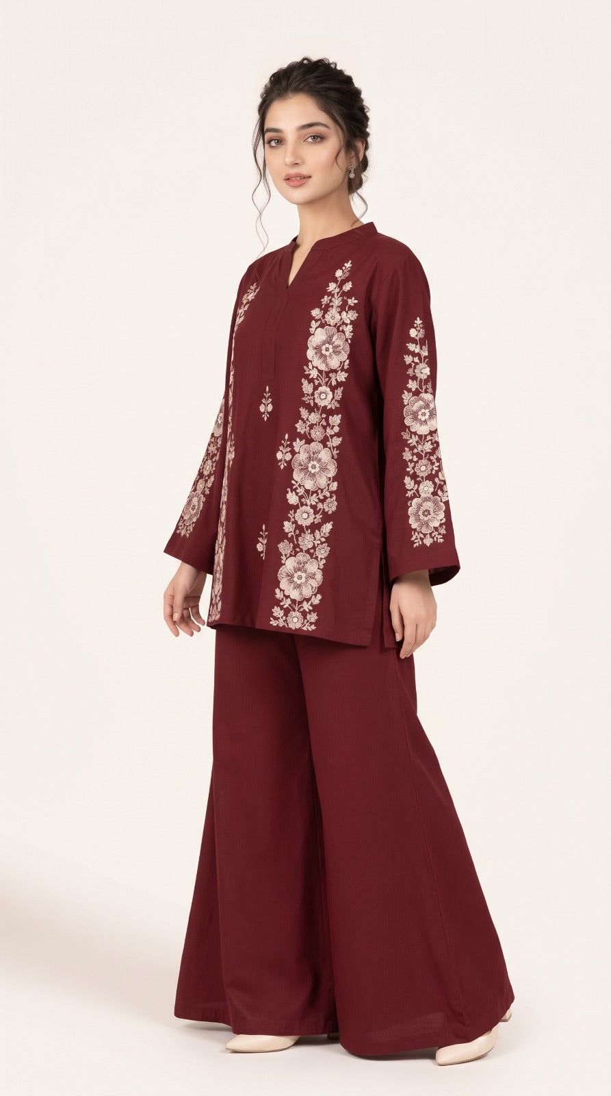 2pc Unstitch Dark Mahron Winter Dress Shirt Embroidery Bazo Embroidery Plain Trousr