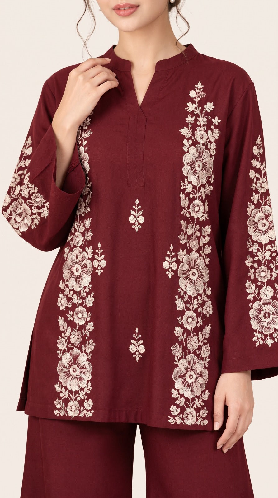 2pc Unstitch Dark Mahron Winter Dress Shirt Embroidery Bazo Embroidery Plain Trousr