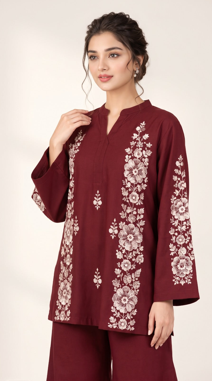 2pc Unstitch Dark Mahron Winter Dress Shirt Embroidery Bazo Embroidery Plain Trousr