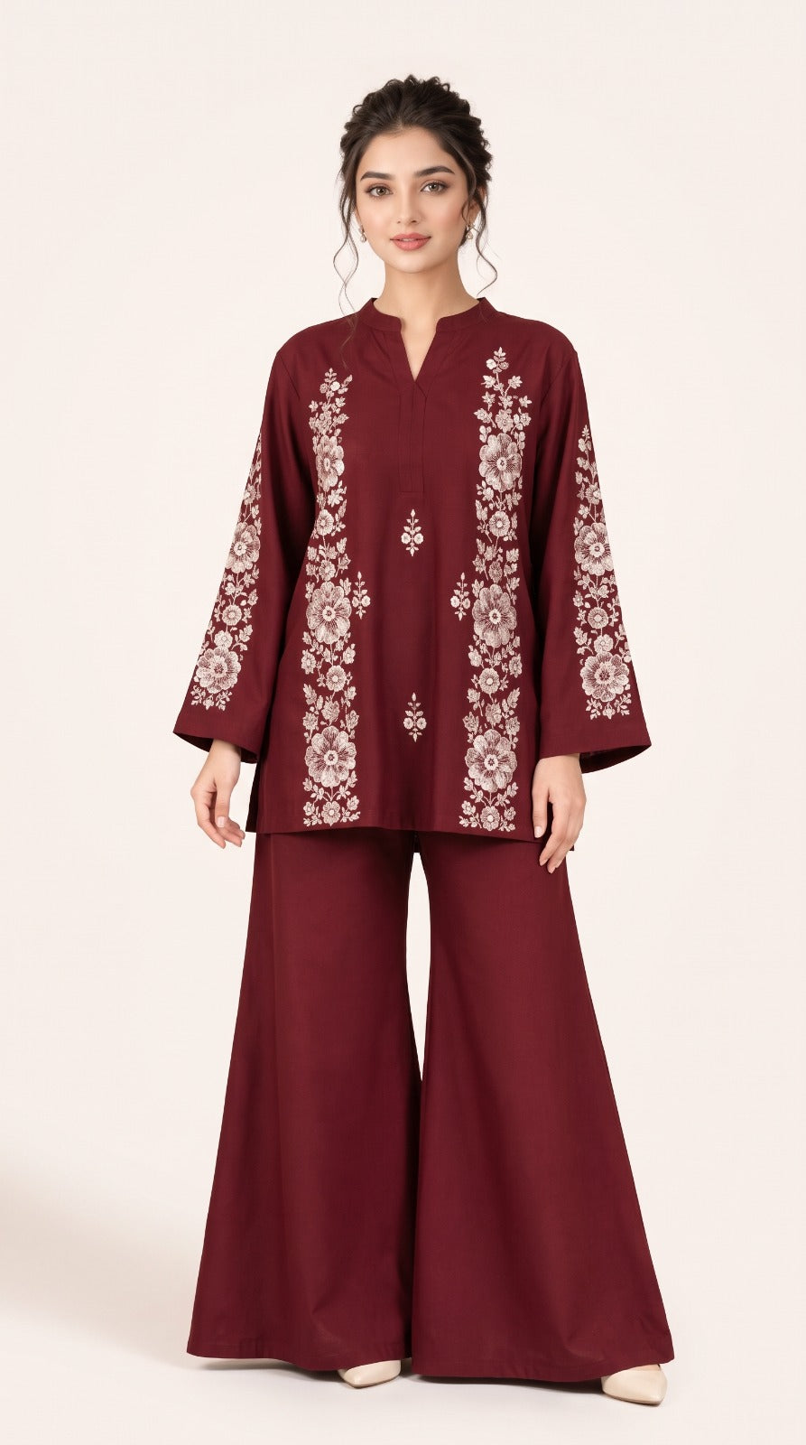 2pc Unstitch Dark Mahron Winter Dress Shirt Embroidery Bazo Embroidery Plain Trousr