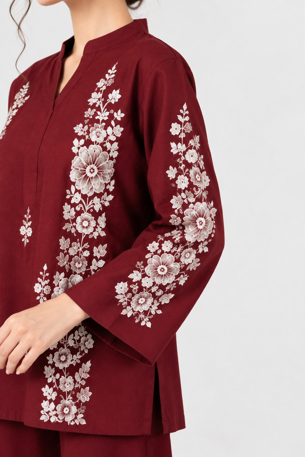 2pc Unstitch Dark Mahron Winter Dress Shirt Embroidery Bazo Embroidery Plain Trousr
