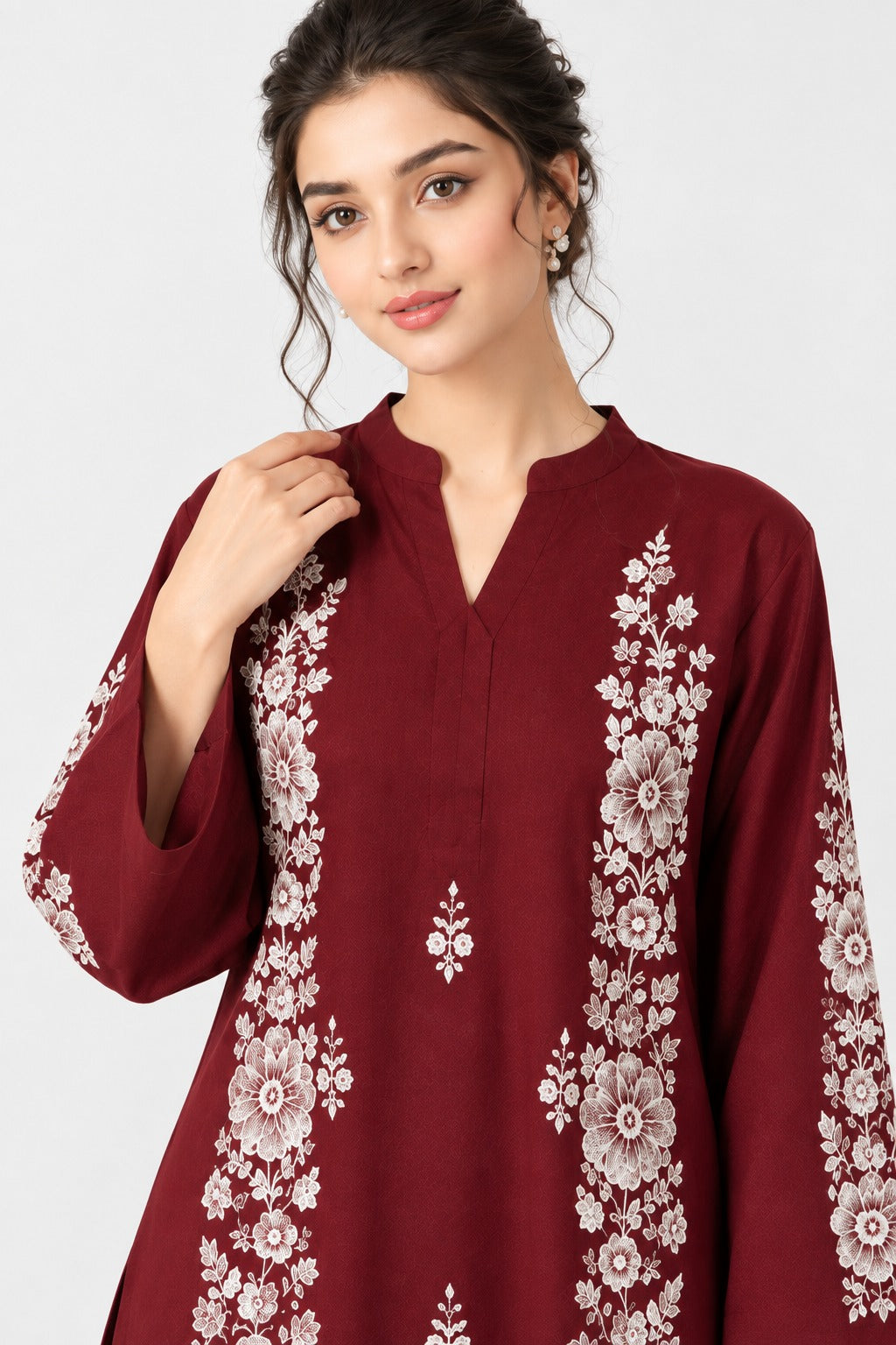 2pc Unstitch Dark Mahron Winter Dress Shirt Embroidery Bazo Embroidery Plain Trousr