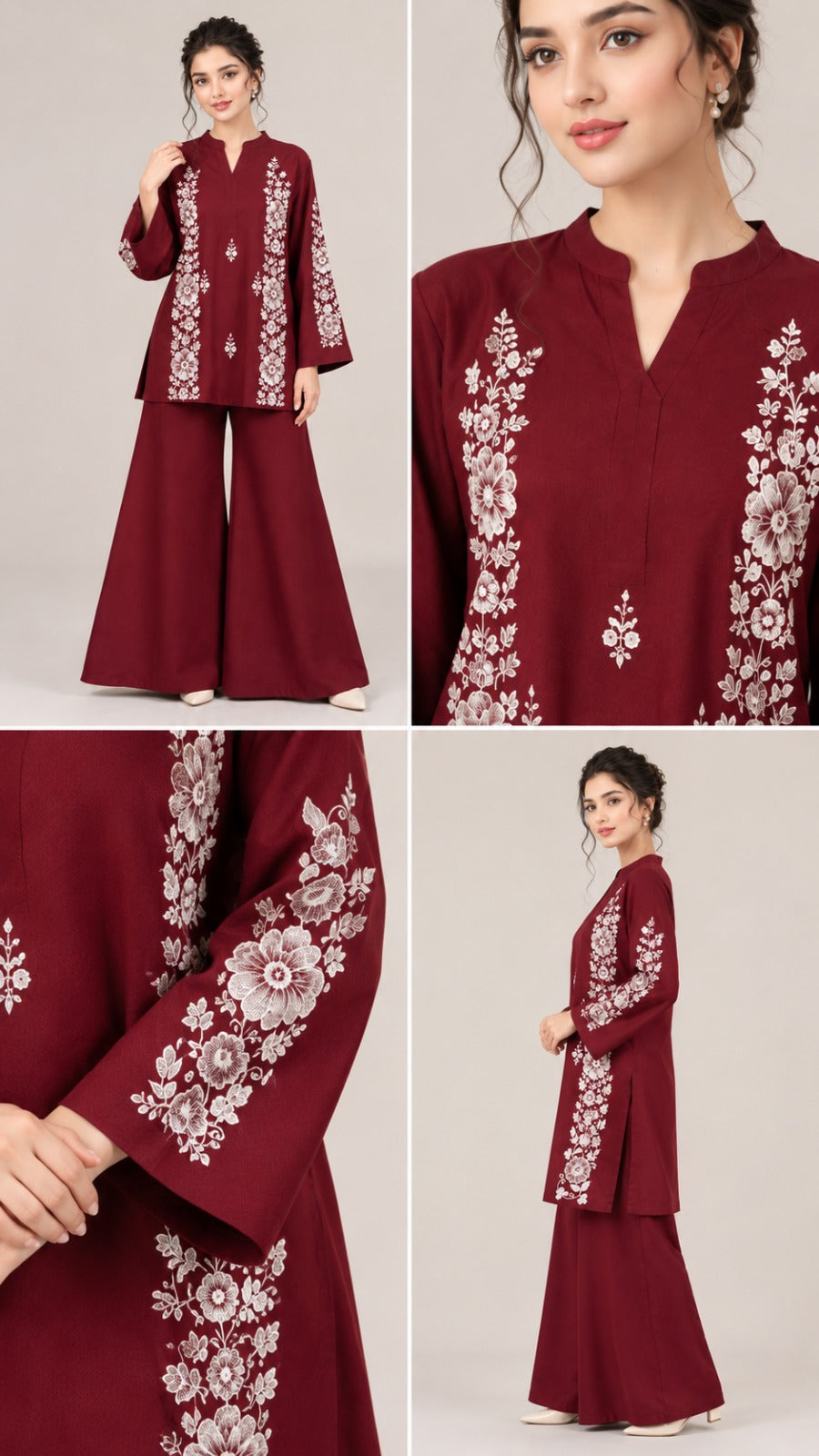 2pc Unstitch Dark Mahron Winter Dress Shirt Embroidery Bazo Embroidery Plain Trousr