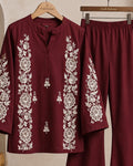 2pc Unstitch Dark Mahron Winter Dress Shirt Embroidery Bazo Embroidery Plain Trousr