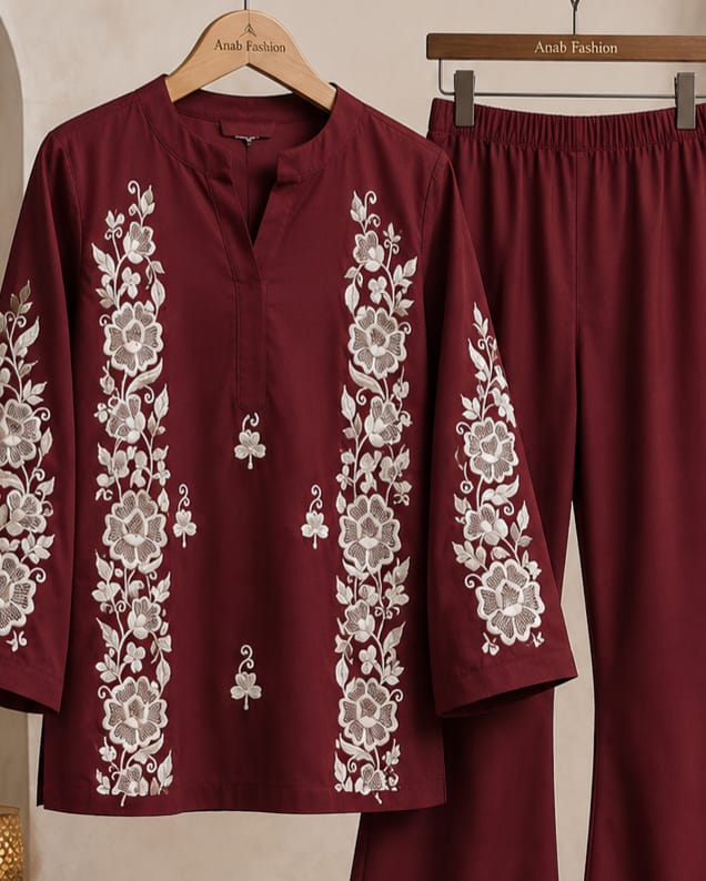 2pc Unstitch Dark Mahron Winter Dress Shirt Embroidery Bazo Embroidery Plain Trousr
