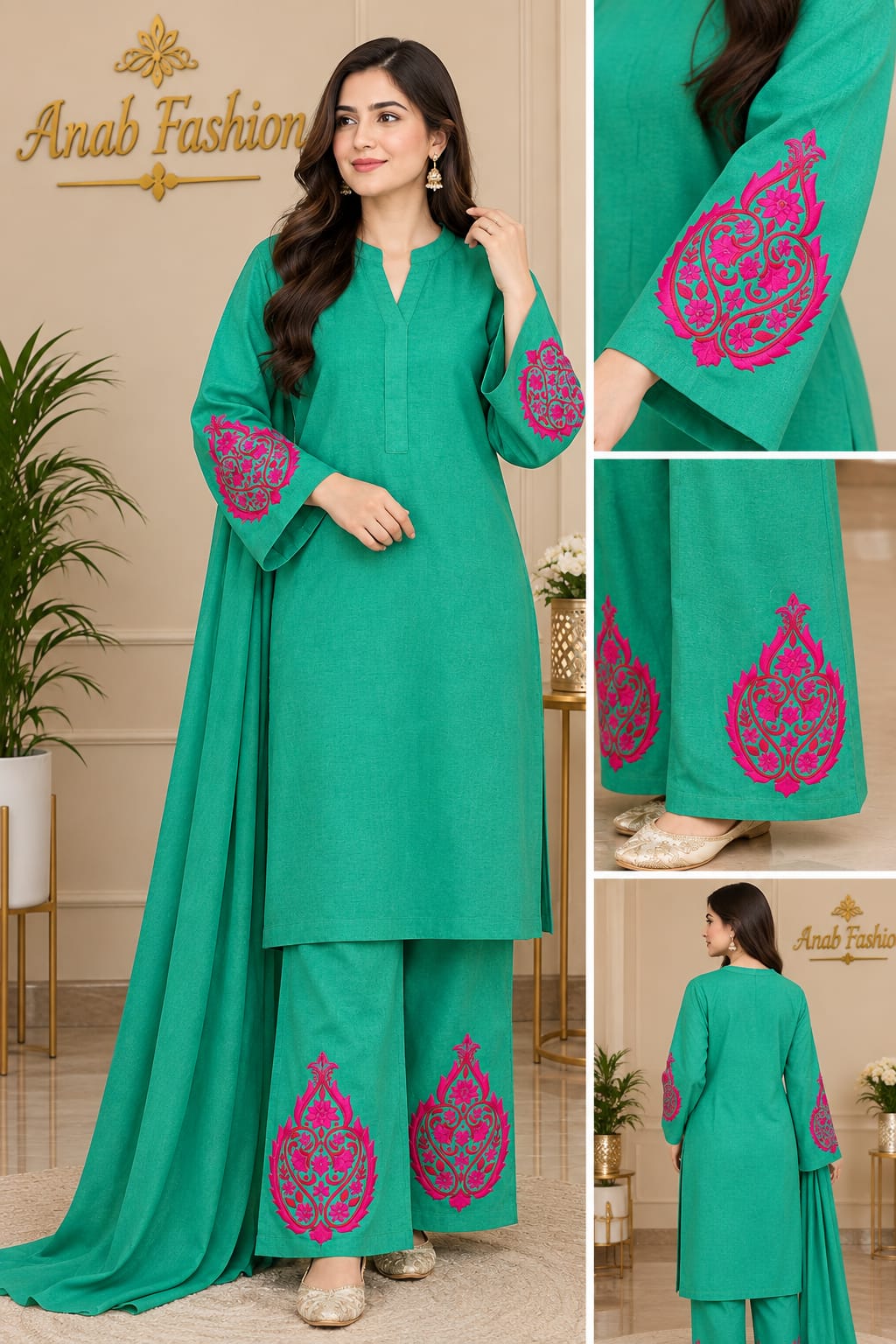 2pc Unstitch Winter C Green Dress Pink or Red Embroidery